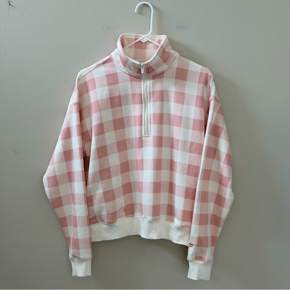 Fabletics Pink & White Check Half-Zip Sweatshirt. Sz M